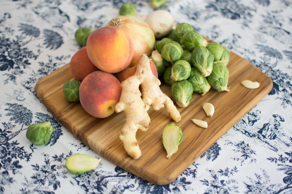 georgia peaches, ginger, brussel sprouts, garlic, onion